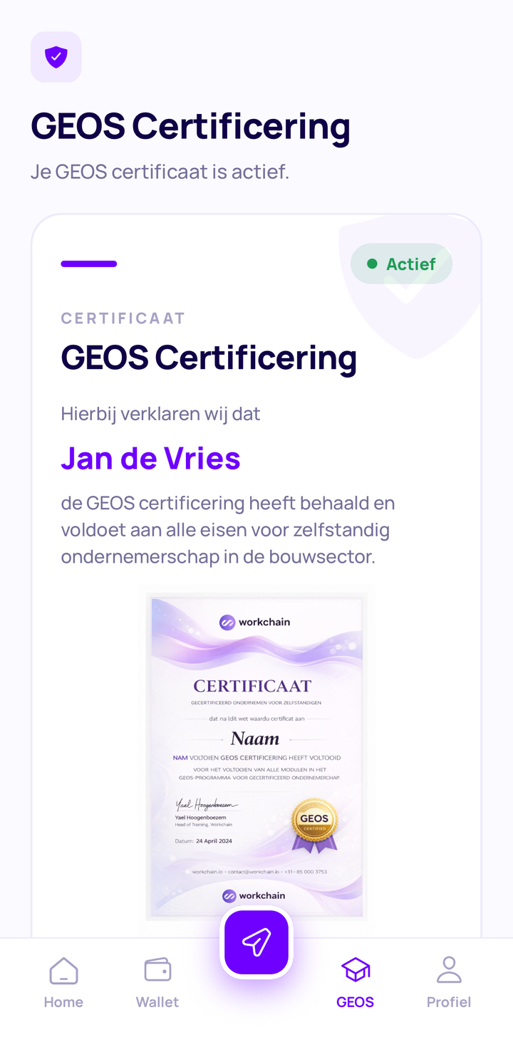 Actieve GEOS-certificering in de WorkChain app